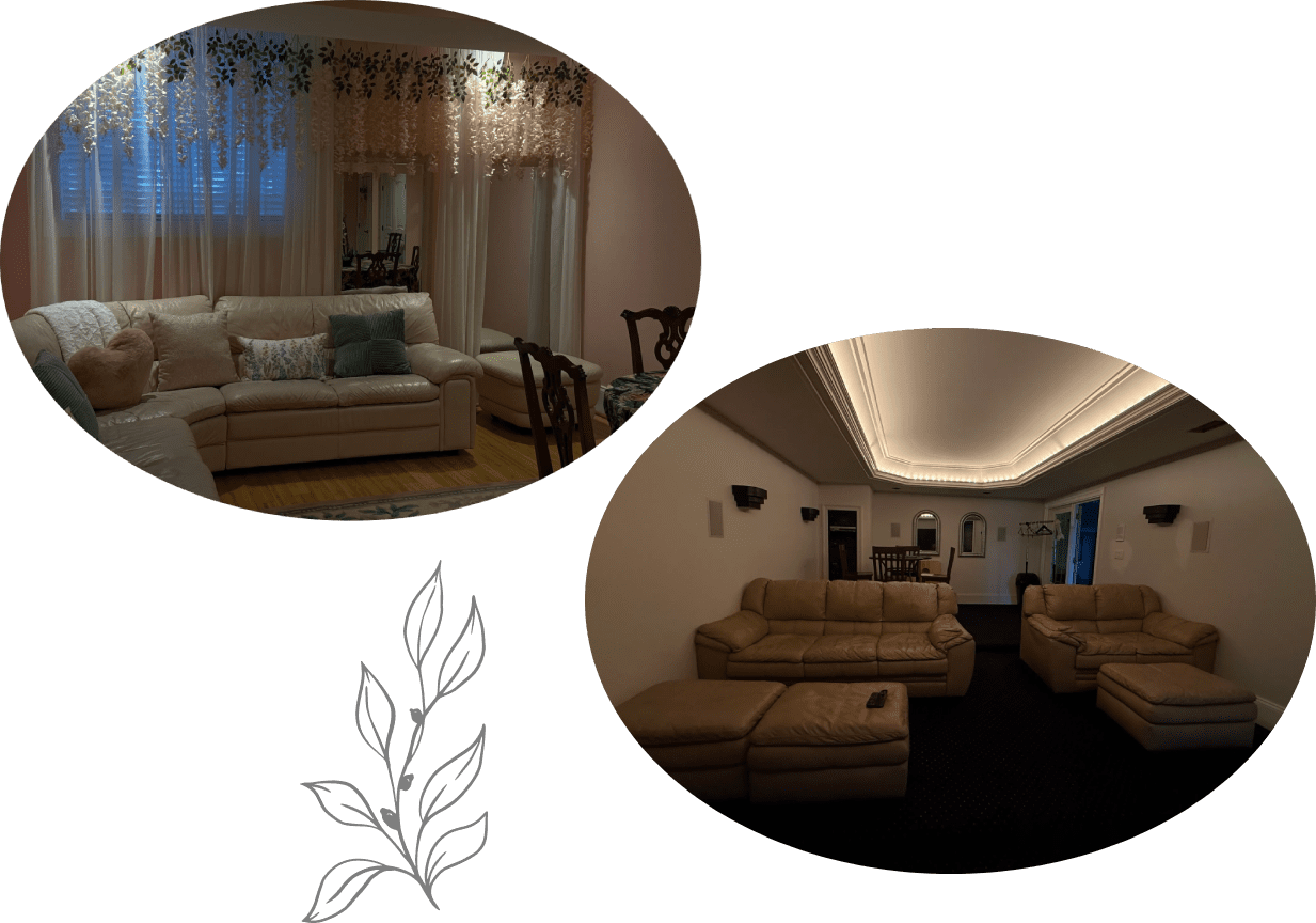 Two cozy living room and home theater vignettes