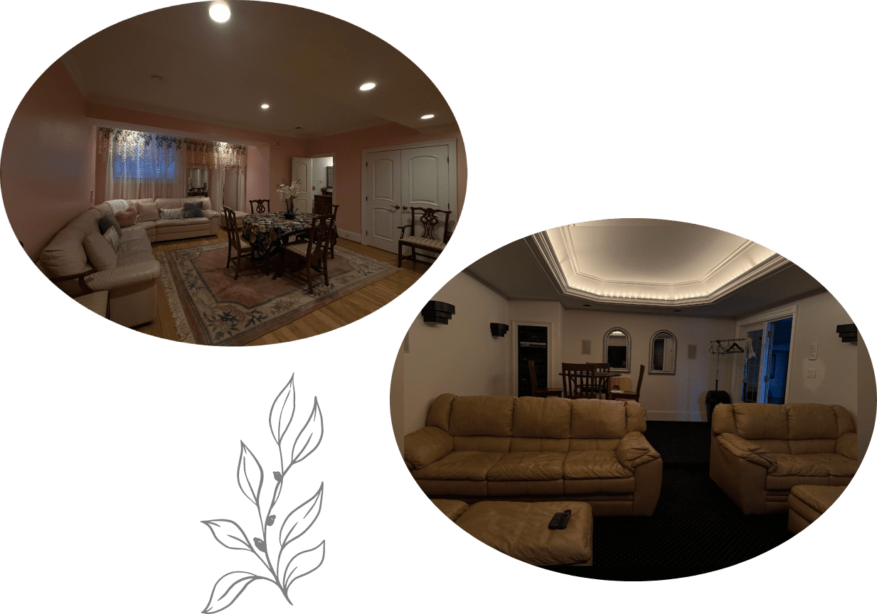 Two circular vignettes of furnished living rooms